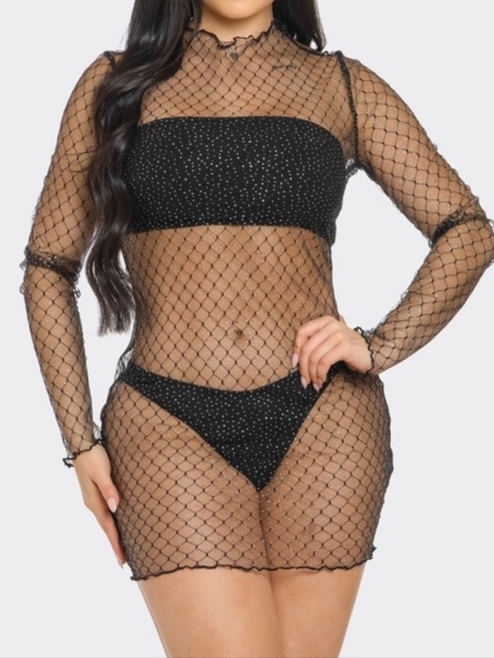 Other - Sheer Black Net Mesh Dress with Rhinestone Cover Up